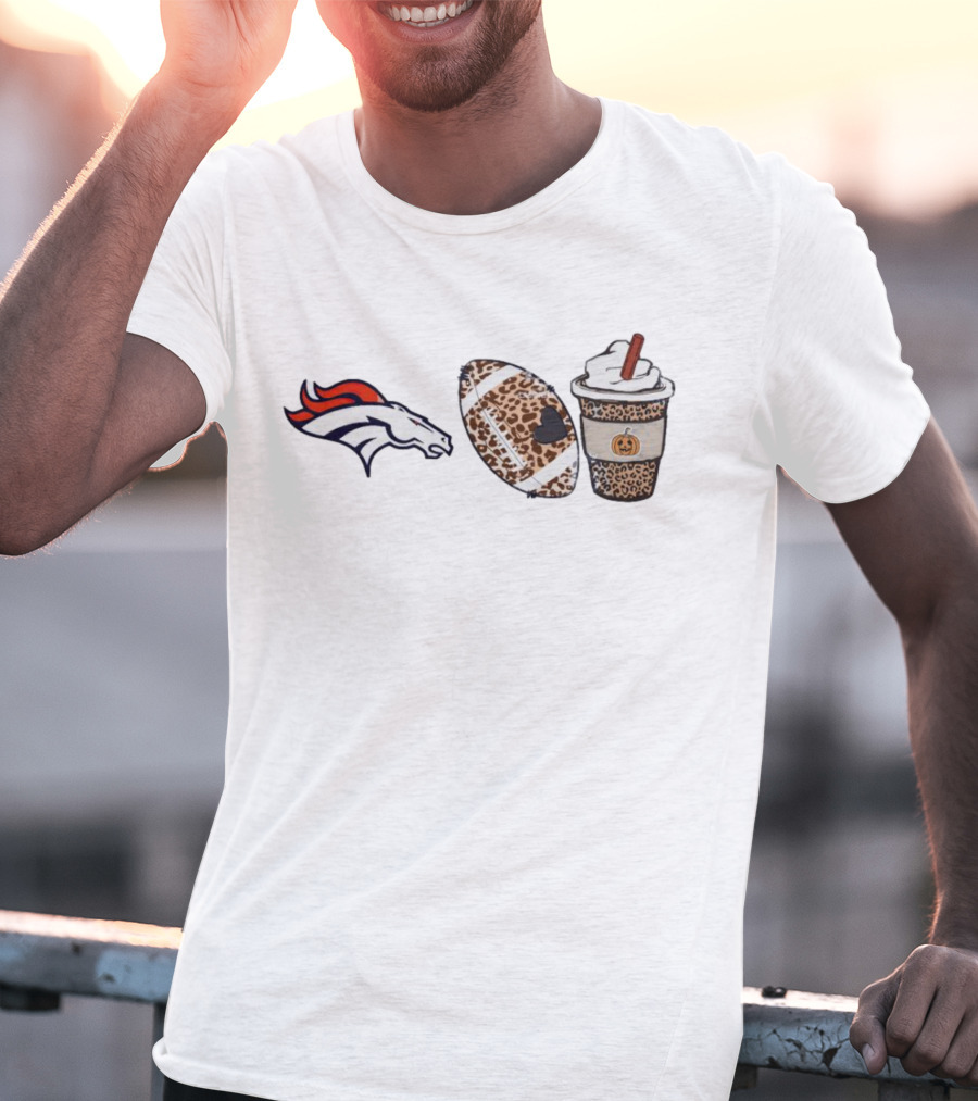 Denver Broncos Fall Season Leopard Theme With Football And Pumpkin Spice Latte T-Shirt