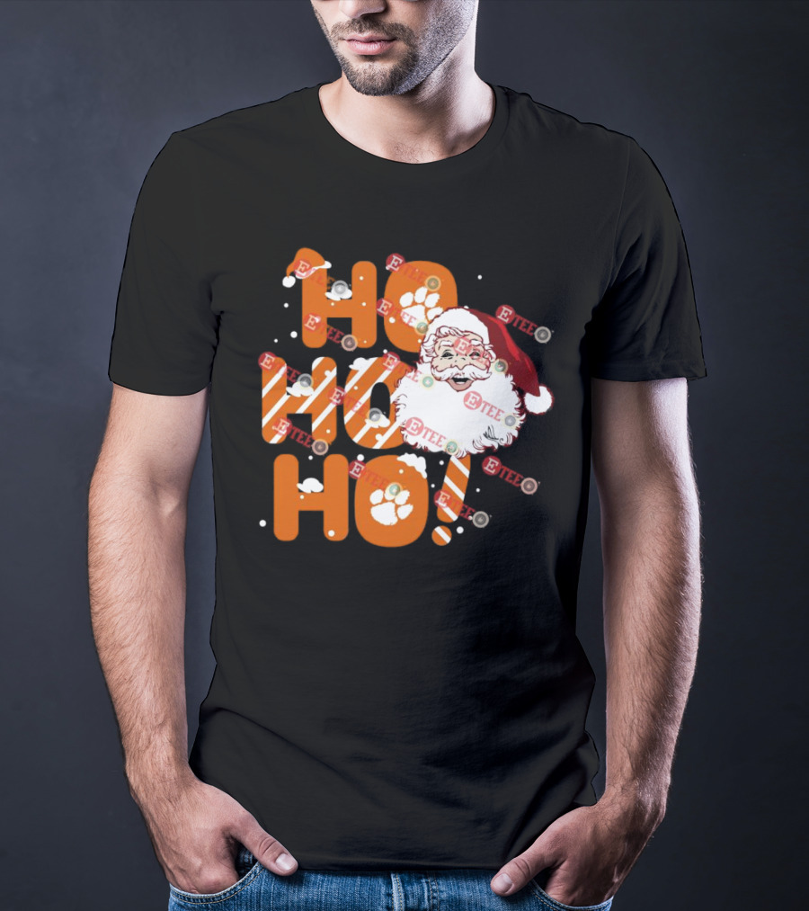 Clemson Tigers Santa Claus Ho Ho Ho Christmas Paw Print Snowflakes T-Shirt