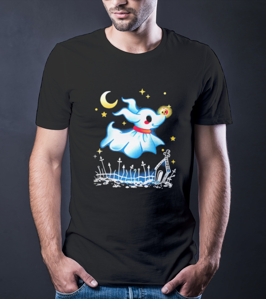 Flying Ghost Dog With Moon And Stars Halloween Scene T-Shirt