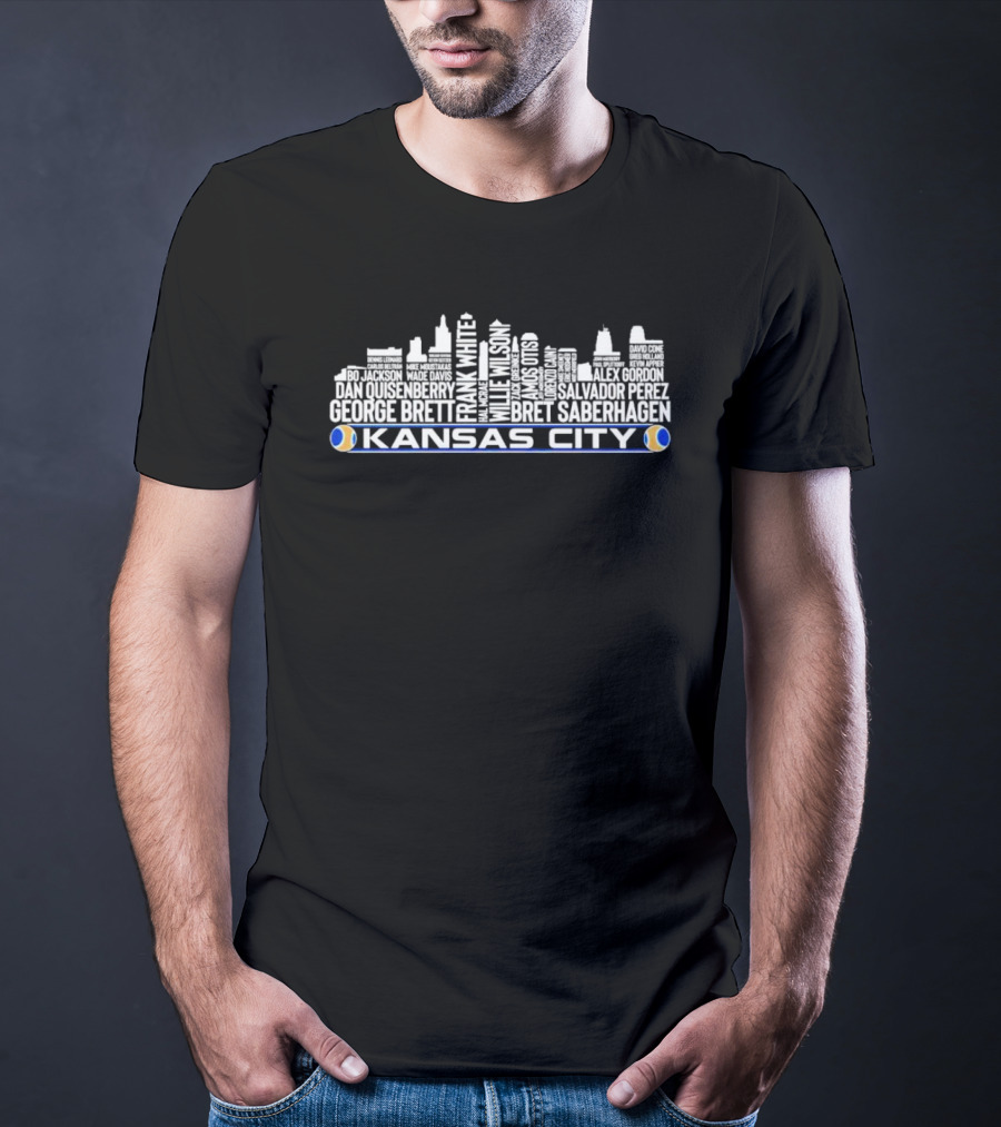 Kansas City Skyline Frank White Willie Wilson Salvador Perez Alex Gordon George Brett Bo Jackson Names T-Shirt
