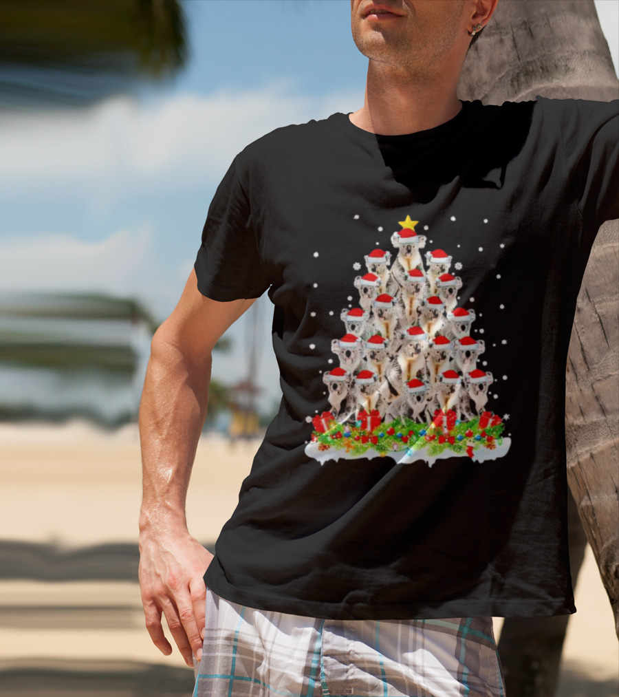 Koala Christmas Tree With Santa Hats Snowflakes And Gifts T-Shirt