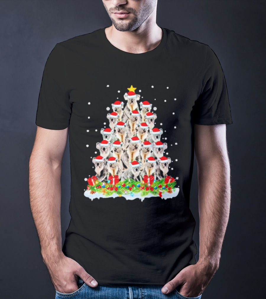 Koala Christmas Tree With Santa Hats Snowflakes And Gifts T-Shirt