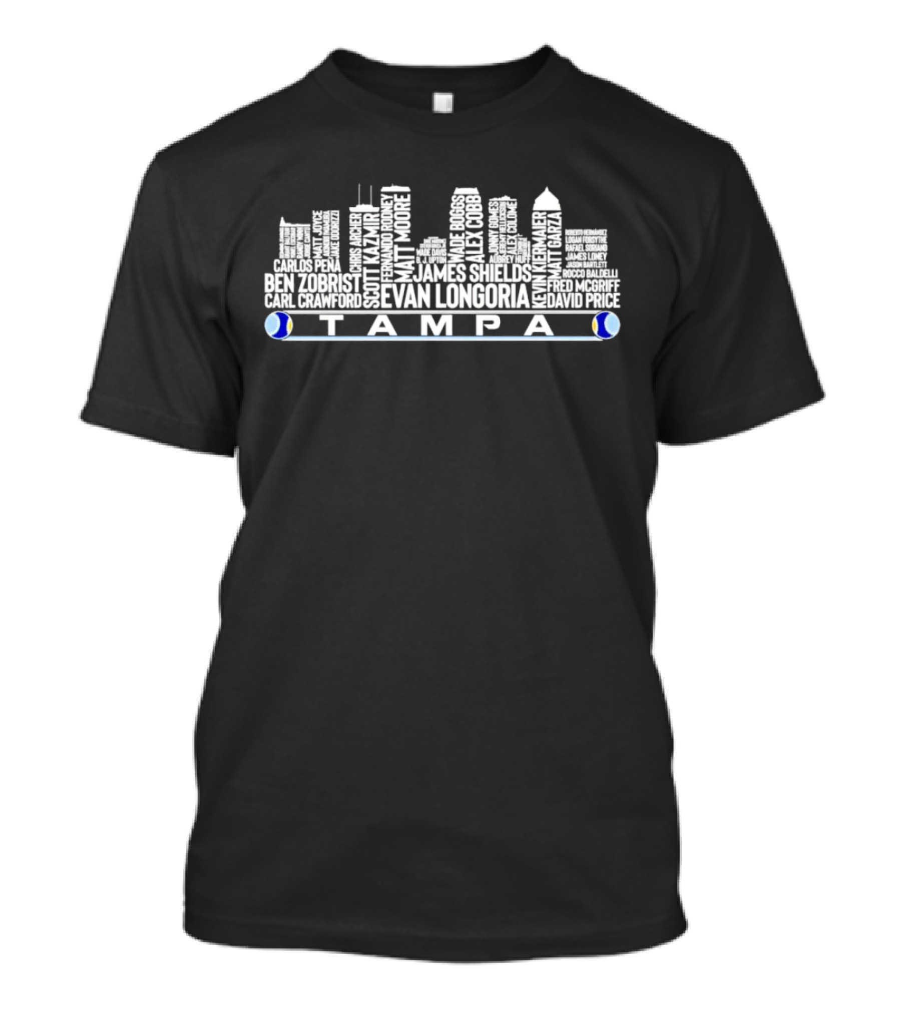 Tampa Skyline Featuring Evan Longoria David Price James Shields Carlos Pena Fred McGriff Ben Zobrist Scott Kazmir Player Names T-Shirt
