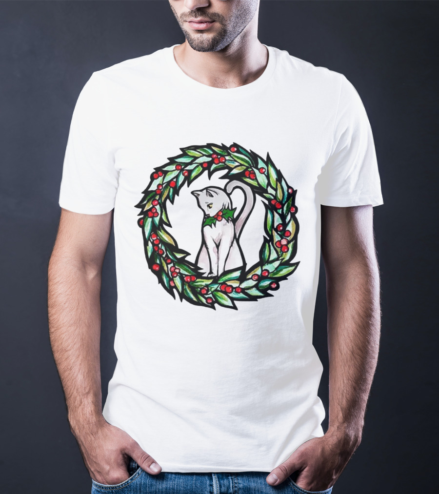 White Cat In Christmas Wreath With Holly And Berries T-Shirt