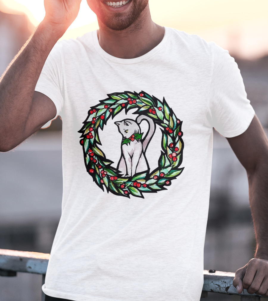 White Cat In Christmas Wreath With Holly And Berries T-Shirt