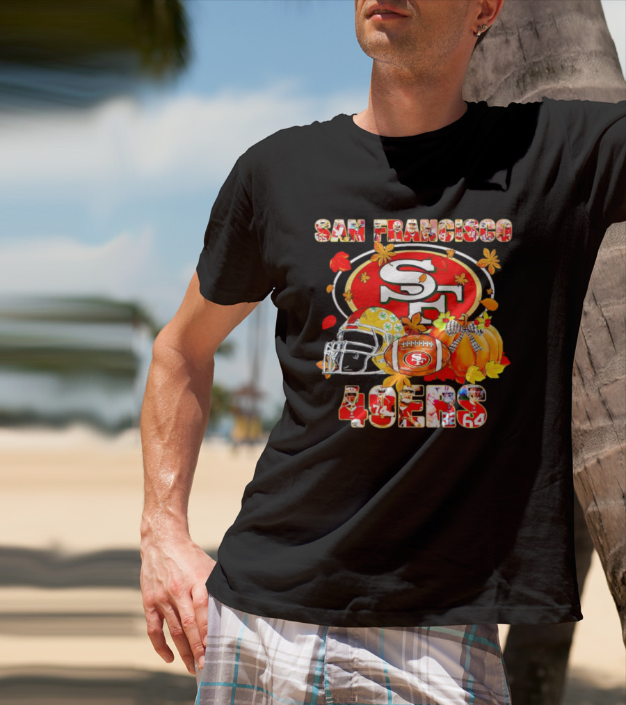 San Francisco 49ers Autumn Football With Helmets And Pumpkins T-Shirt
