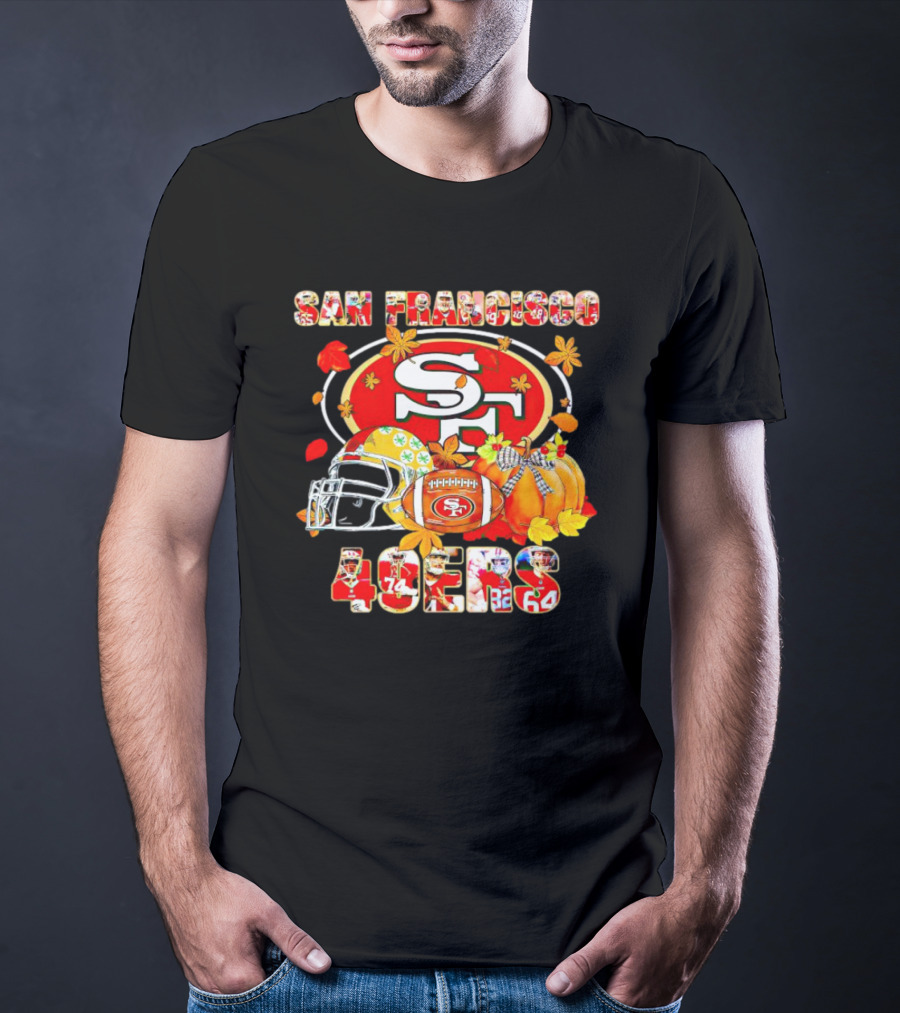 San Francisco 49ers Autumn Football With Helmets And Pumpkins T-Shirt