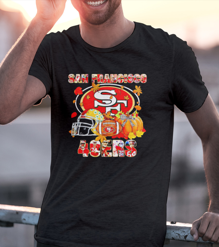 San Francisco 49ers Autumn Football With Helmets And Pumpkins T-Shirt