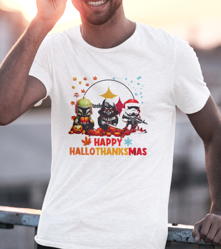 Star Wars Chibi Steelers Happy Hallothanksmas Pumpkins Leaves Snowflakes T-Shirt
