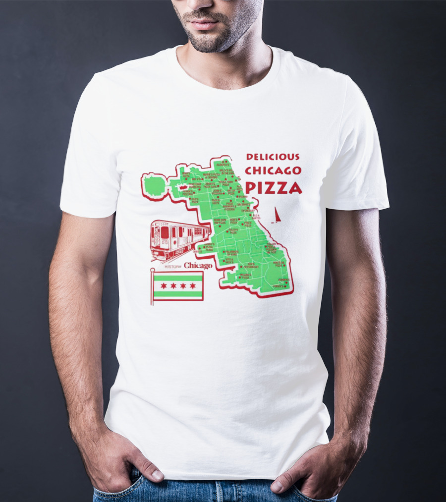 Chicago Map Train Flag Delicious Chicago Pizza T-Shirt