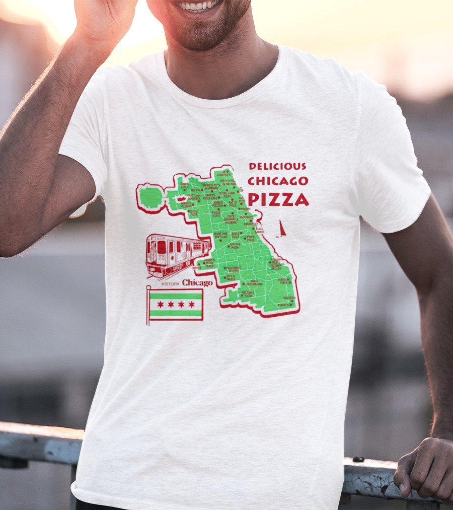 Chicago Map Train Flag Delicious Chicago Pizza T-Shirt