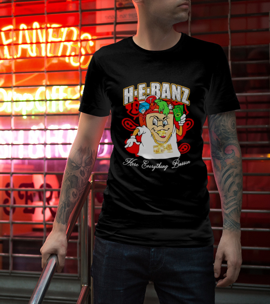 H-E-Banz Here Everything Bussin Cartoon Character With Chains And Accessories T-Shirt