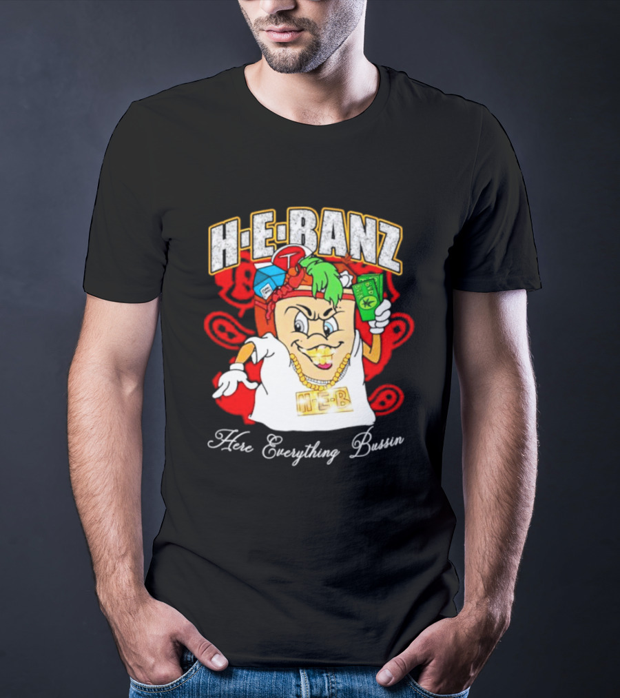 H-E-Banz Here Everything Bussin Cartoon Character With Chains And Accessories T-Shirt