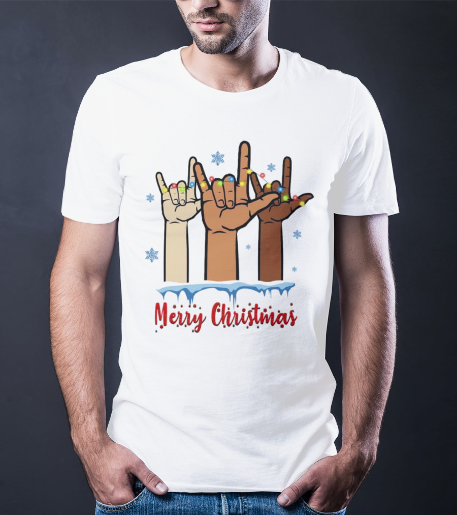 Merry Christmas Deaf Awareness Hand Sign Language With Snowflakes And Festive Lights T-Shirt