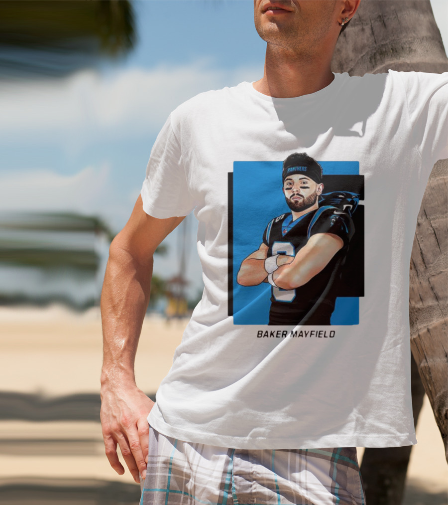 Carolina Panthers Baker Mayfield Artwork With Team Uniform T-Shirt