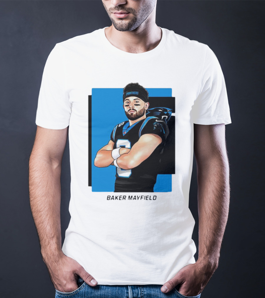 Carolina Panthers Baker Mayfield Artwork With Team Uniform T-Shirt