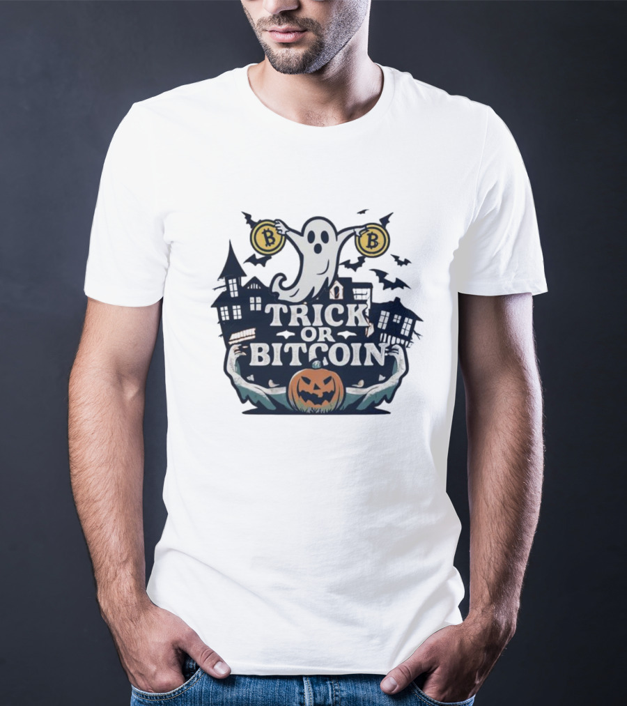 Trick Or Bitcoin Ghost Halloween With Haunted Houses And Pumpkin T-Shirt