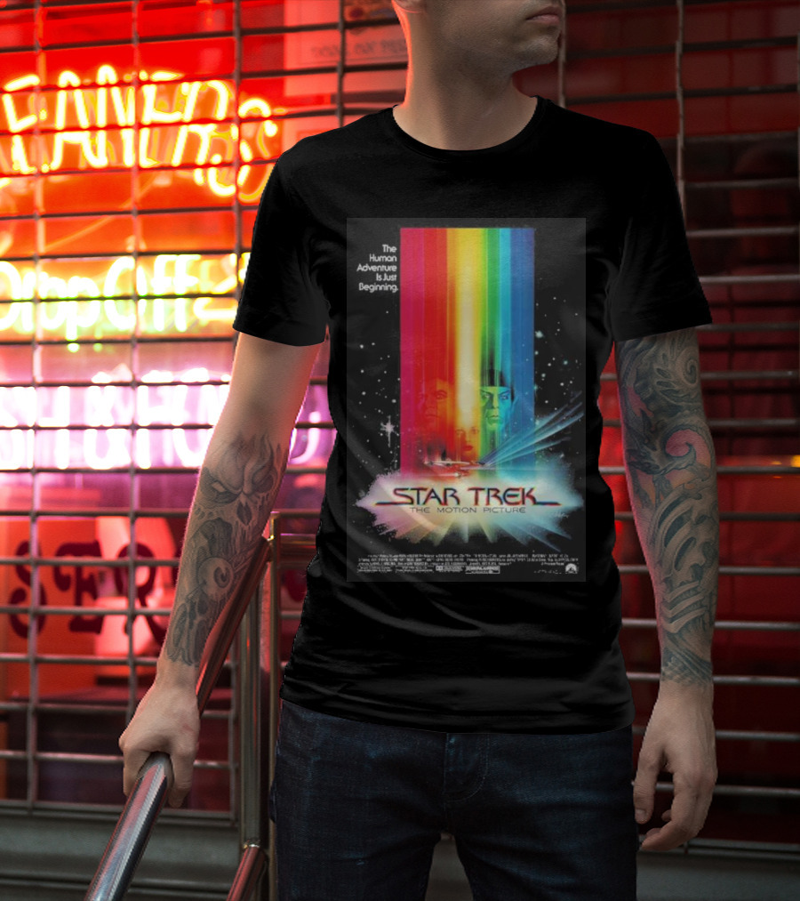 Star Trek The Motion Picture The Human Adventure Is Just Beginning Colorful Light Beams And Starry Background T-Shirt