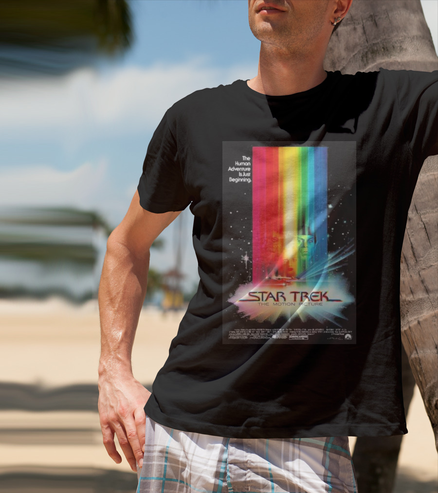 Star Trek The Motion Picture The Human Adventure Is Just Beginning Colorful Light Beams And Starry Background T-Shirt