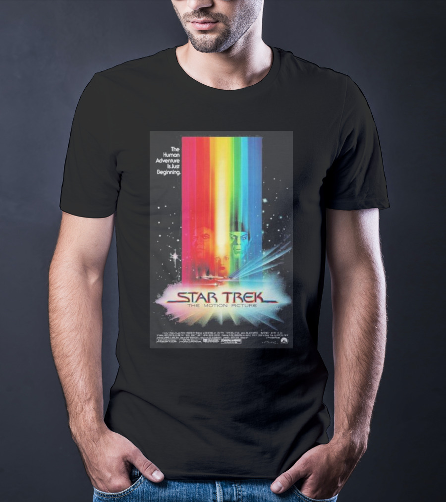 Star Trek The Motion Picture The Human Adventure Is Just Beginning Colorful Light Beams And Starry Background T-Shirt