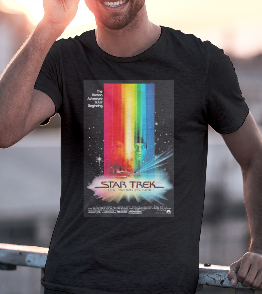 Star Trek The Motion Picture The Human Adventure Is Just Beginning Colorful Light Beams And Starry Background T-Shirt