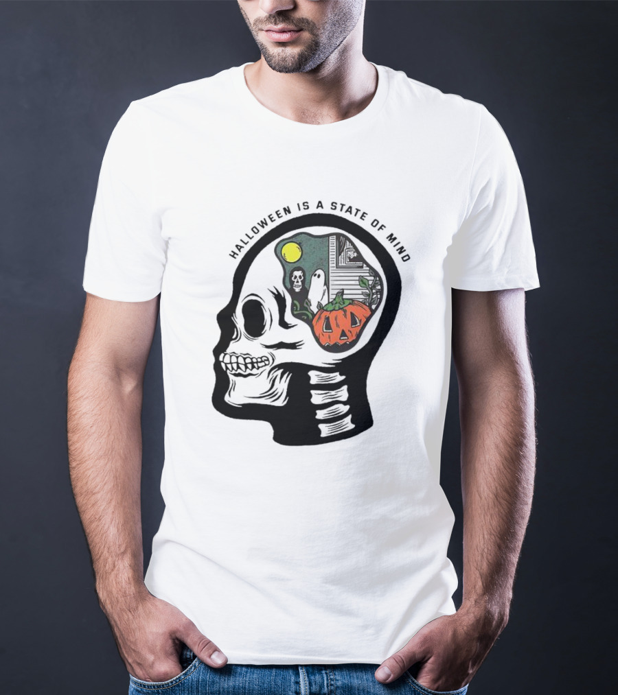 Halloween Is A State Of Mind Skull With Pumpkin And Ghosts T-Shirt