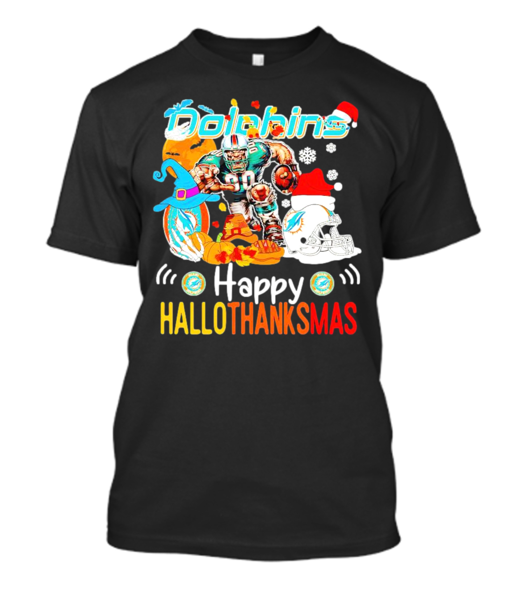 Miami Dolphins Mascot Happy Hallothanksmas Football Festive T-Shirt