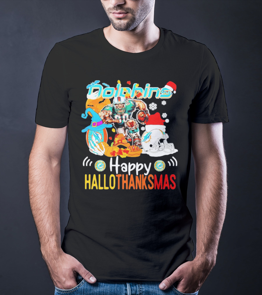 Miami Dolphins Mascot Happy Hallothanksmas Football Festive T-Shirt