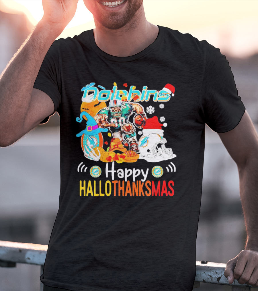 Miami Dolphins Mascot Happy Hallothanksmas Football Festive T-Shirt