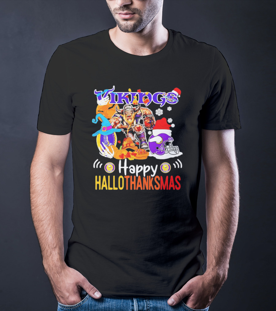 Vikings Mascot Happy Hallothanksmas Festive Football T-Shirt