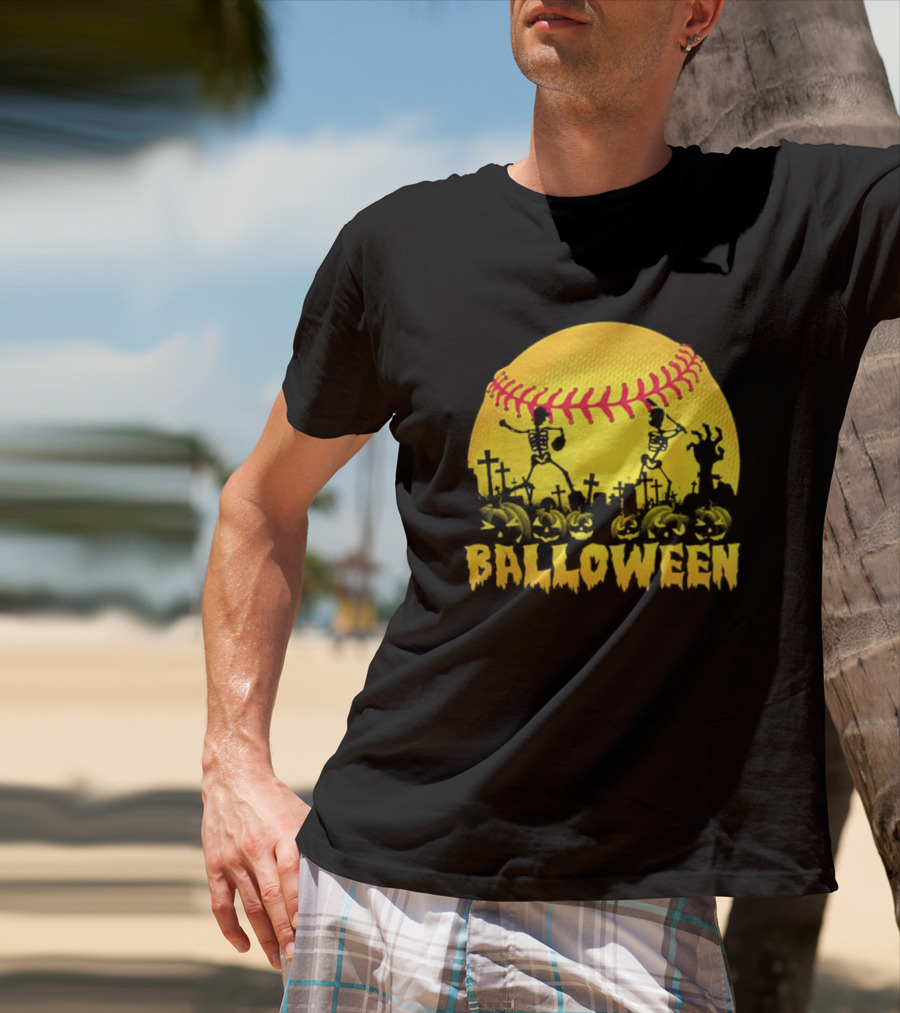Balloween Softball Halloween Pumpkin Skeletons Graveyard T-Shirt