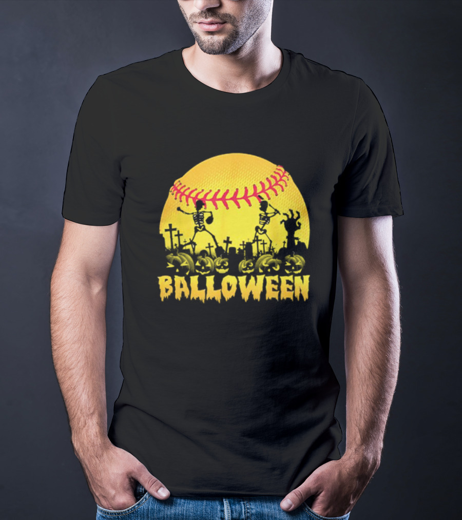 Balloween Softball Halloween Pumpkin Skeletons Graveyard T-Shirt