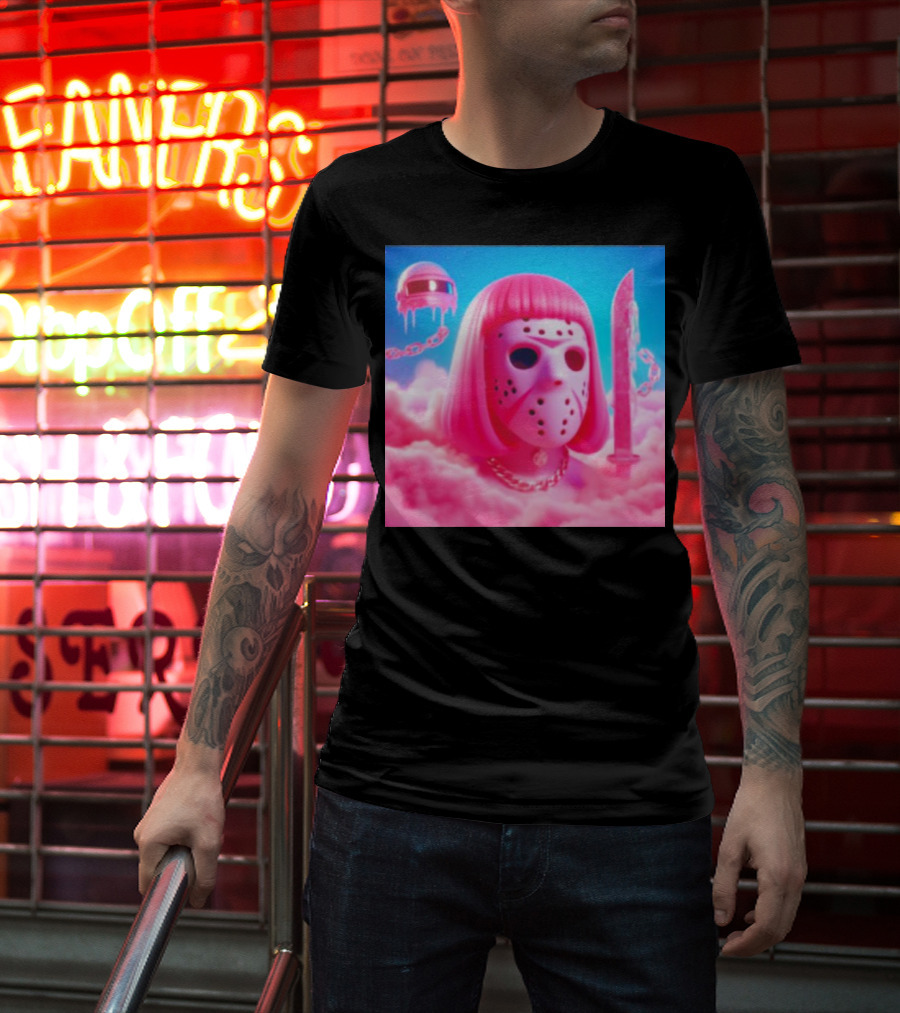 Pink Friday The 13th Jason Hockey Mask And Knife In Pink Clouds T-Shirt