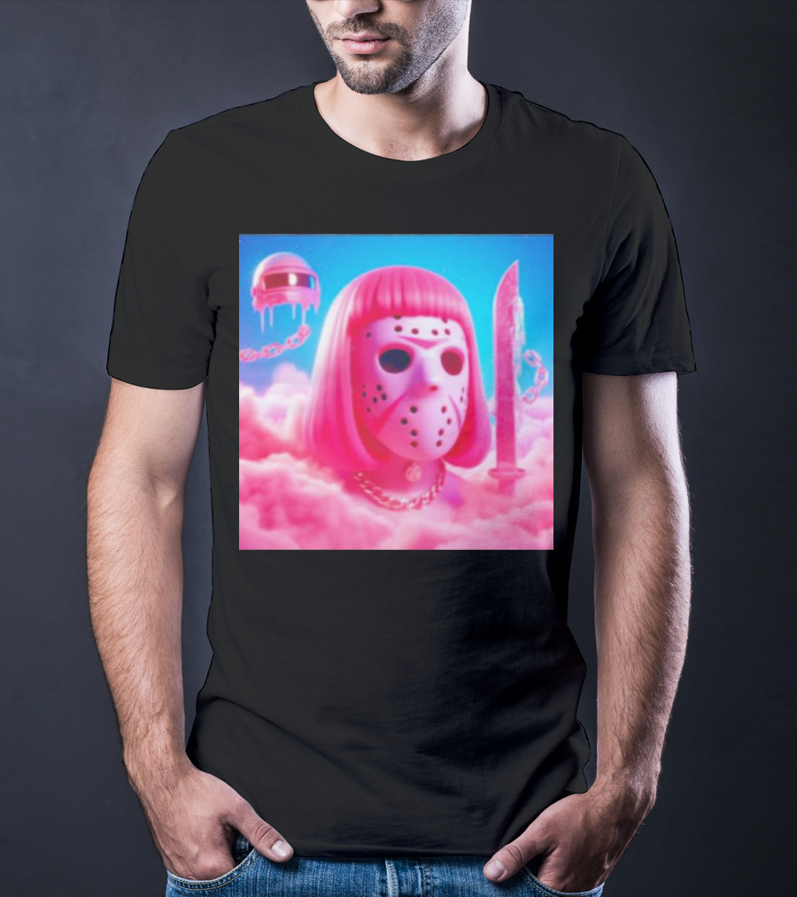 Pink Friday The 13th Jason Hockey Mask And Knife In Pink Clouds T-Shirt