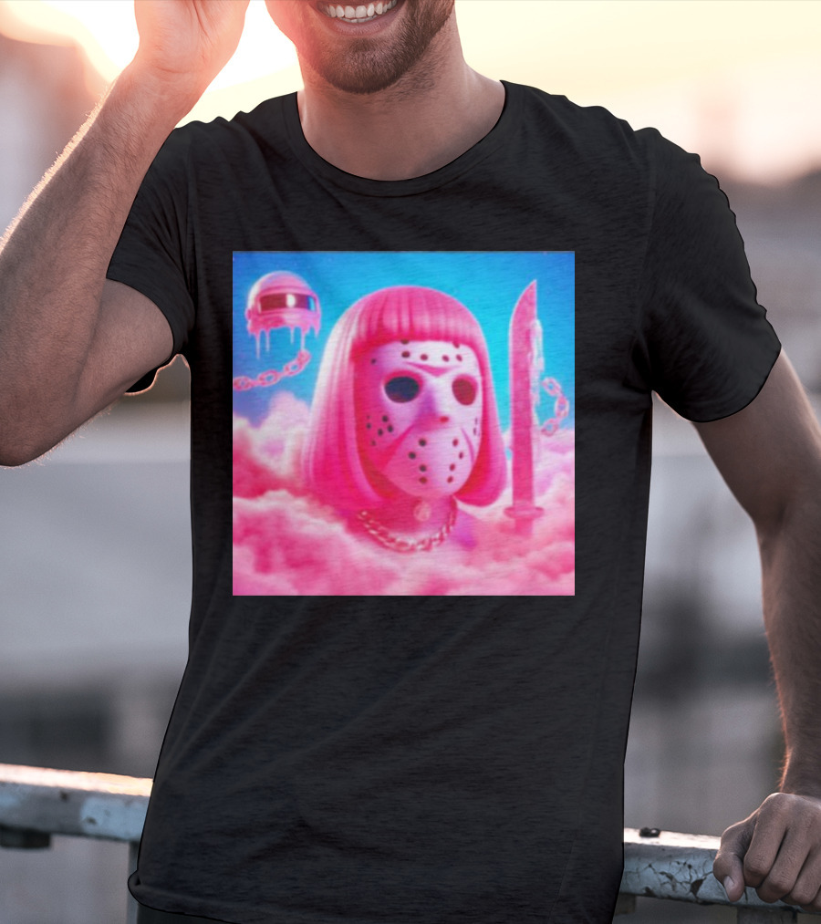 Pink Friday The 13th Jason Hockey Mask And Knife In Pink Clouds T-Shirt