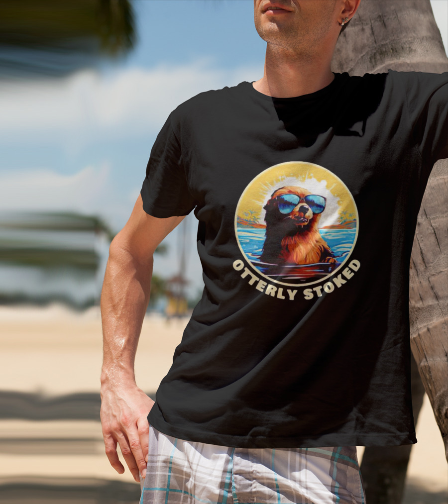 Otterly Stoked Sunglasses Otter With Tropical Ocean Background T-Shirt