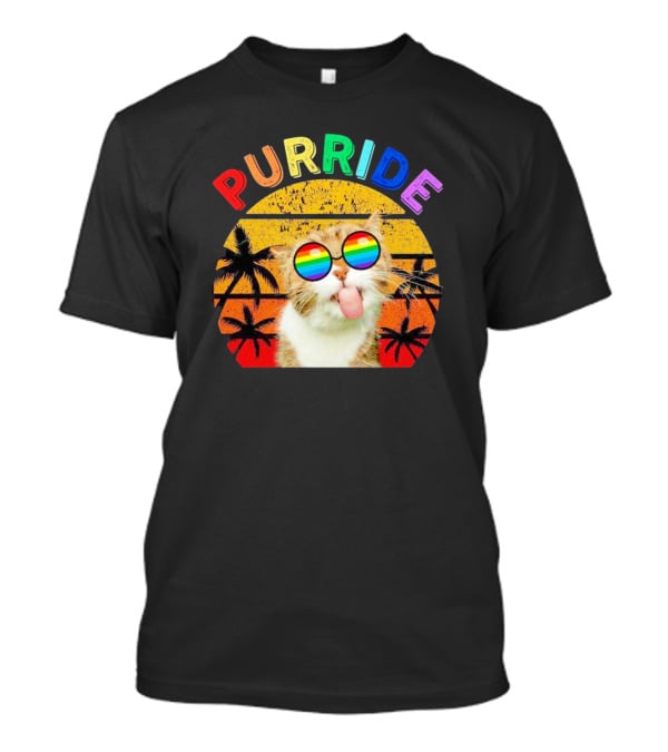Purride Cat Tongue Out Rainbow Sunglasses Palm Trees Vintage Sunset T-Shirt