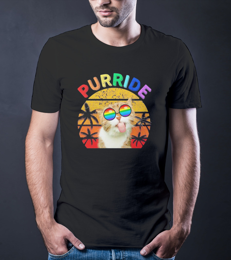 Purride Cat Tongue Out Rainbow Sunglasses Palm Trees Vintage Sunset T-Shirt