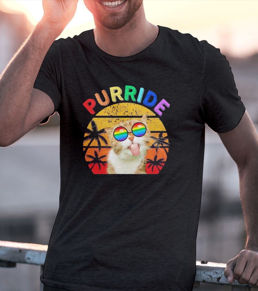 Purride Cat Tongue Out Rainbow Sunglasses Palm Trees Vintage Sunset T-Shirt