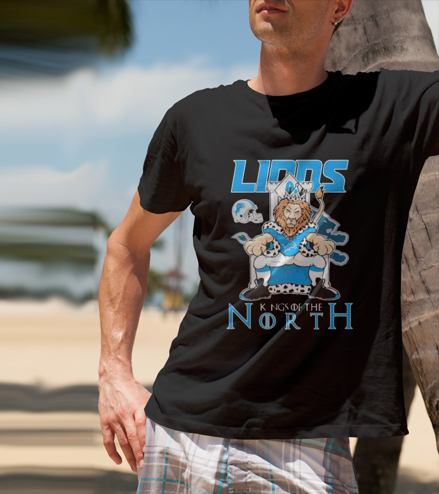 Detroit Lions Kings Of The North Mascot Roaring On Throne With Helmet T-Shirt