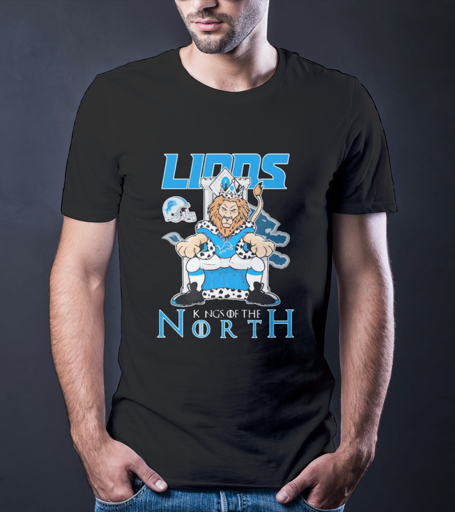 Detroit Lions Kings Of The North Mascot Roaring On Throne With Helmet T-Shirt