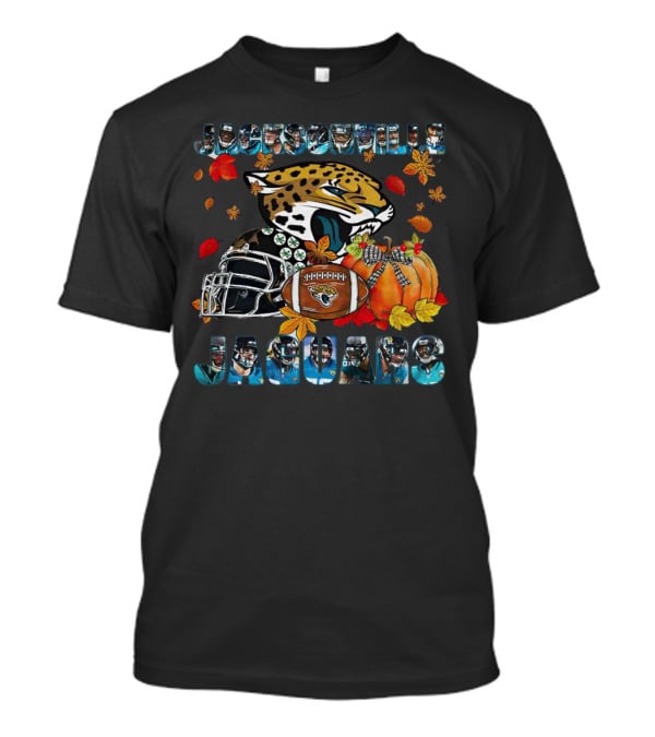 Jacksonville Jaguars Autumn Football Helmet And Pumpkin Leaves T-Shirt