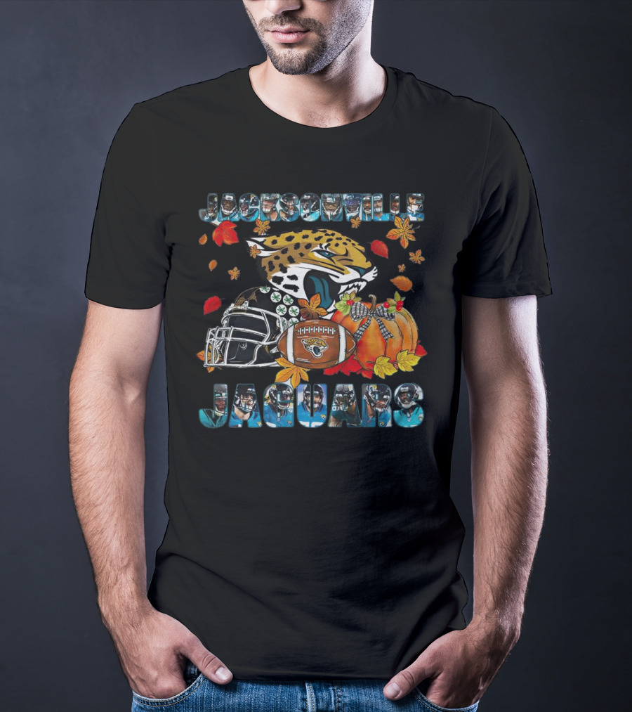 Jacksonville Jaguars Autumn Football Helmet And Pumpkin Leaves T-Shirt