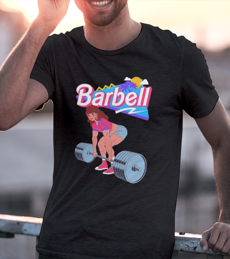 Barbell Brunette Retro Workout With Tropical Sunset And 80s Vibes T-Shirt
