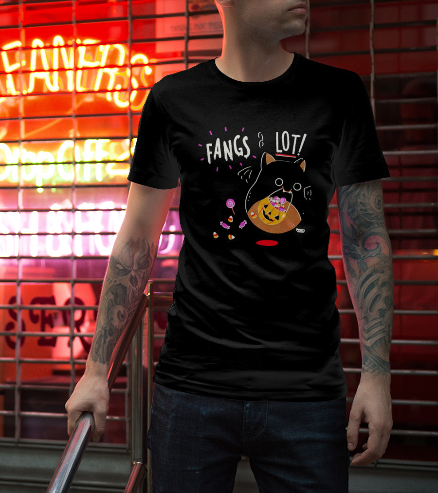 Fangs A Lot Cat With Halloween Candy And Jack-O'-Lantern T-Shirt