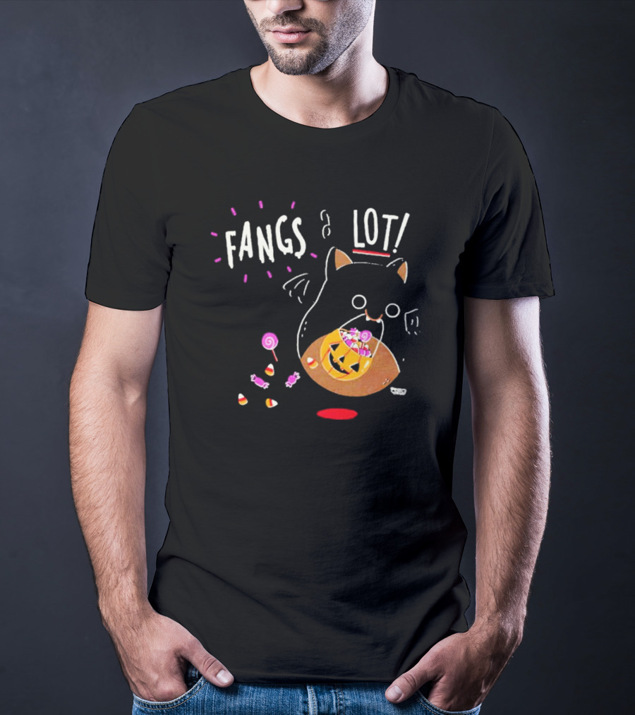 Fangs A Lot Cat With Halloween Candy And Jack-O'-Lantern T-Shirt