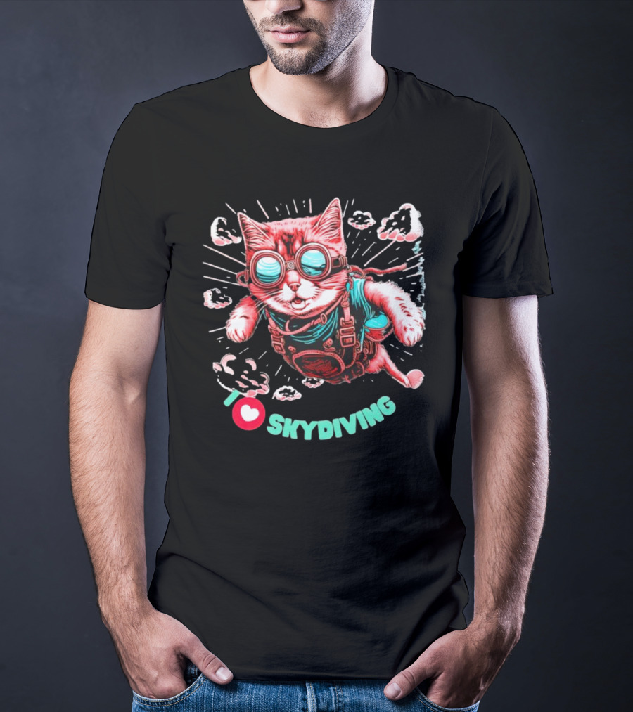 I Love Skydiving Cat With Goggles And Clouds T-Shirt