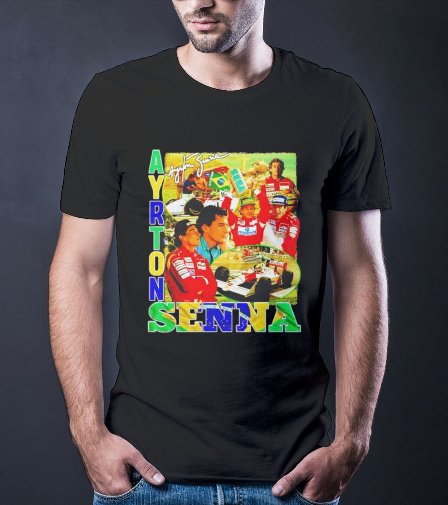 Ayrton Senna Signature Celebration Collage With Brazilian Flag Colors T-Shirt