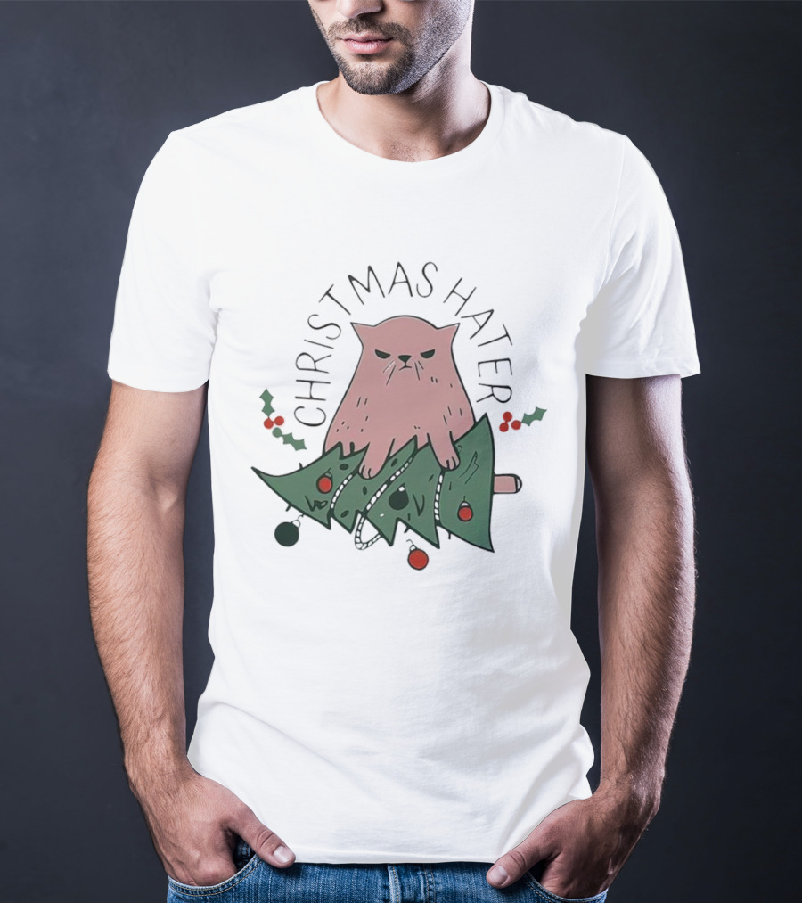 Christmas Hater Angry Cat With Broken Tree And Holly Decorations T-Shirt