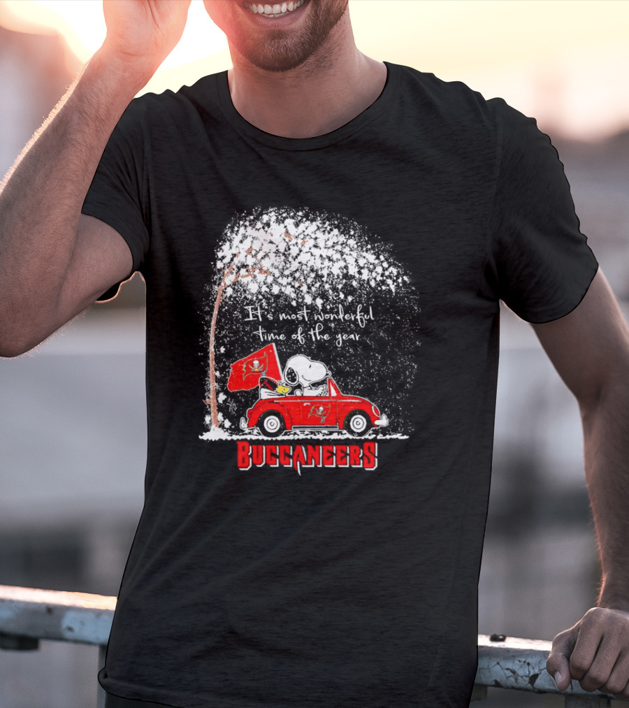 Snoopy And Woodstock Buccaneers It's Most Wonderful Time Of The Year Winter Scene T-Shirt